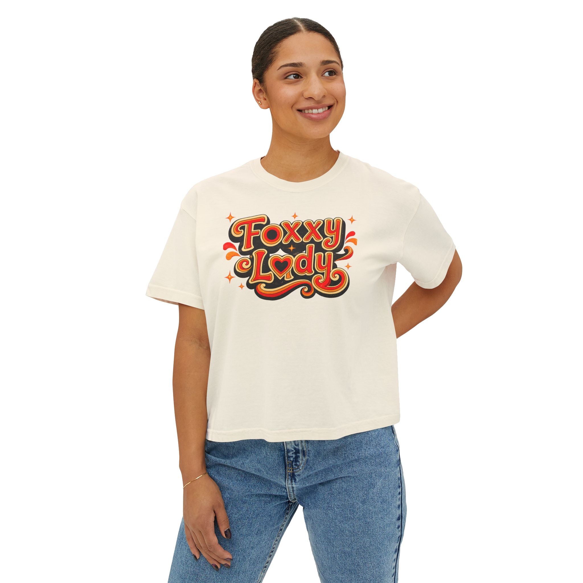 Foxy Lady Boxy Tee — Retro 70s Graphic Women’s Crop T-Shirt