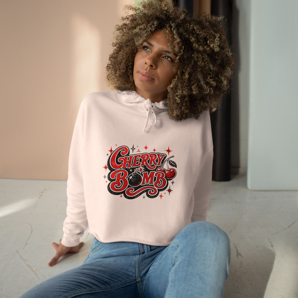Cherry Bomb Crop Hoodie — Retro Cherry Graphic Cropped Hoodie