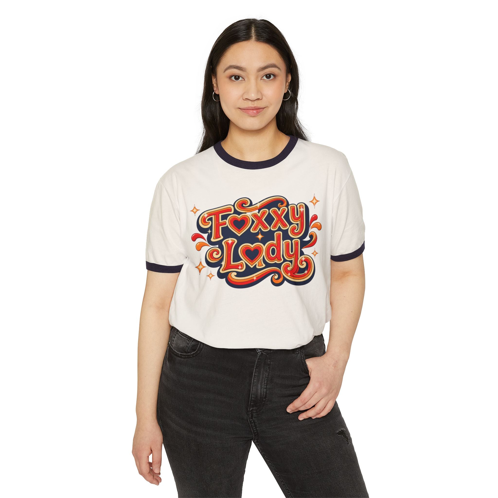Foxxy Lady Ringer Tee | Retro 70s Script Graphic T-Shirt