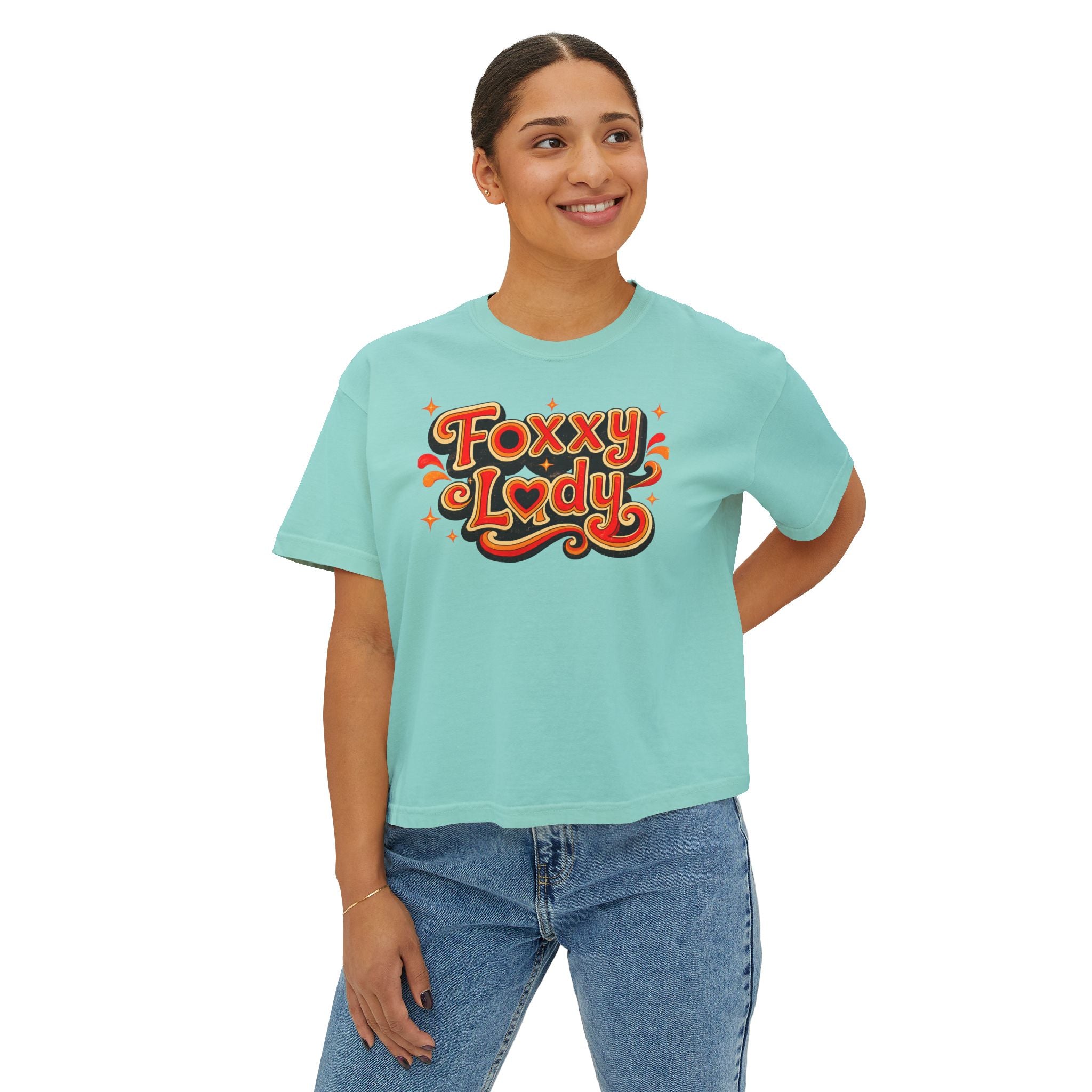 Foxy Lady Boxy Tee — Retro 70s Graphic Women’s Crop T-Shirt