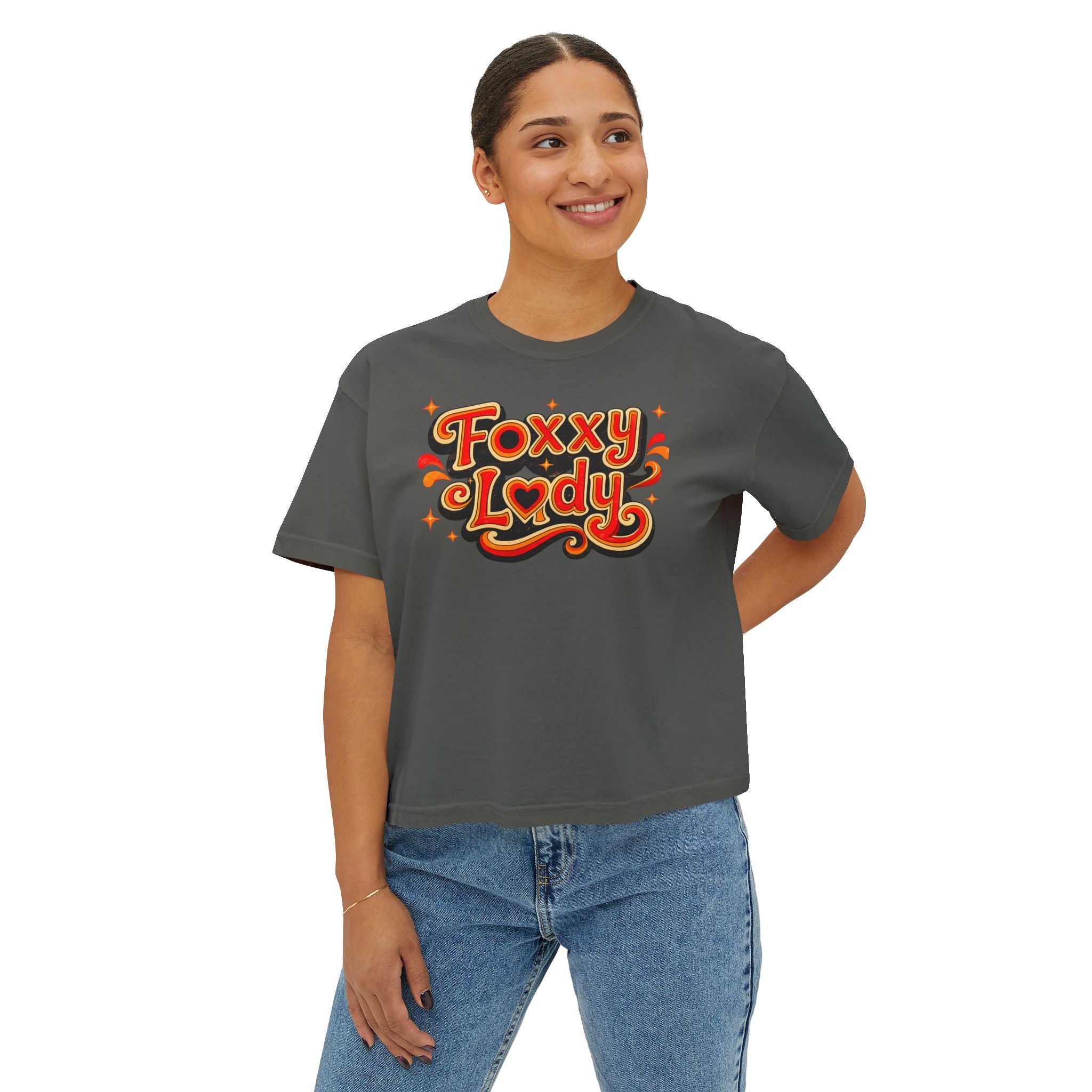 Foxy Lady Boxy Tee — Retro 70s Graphic Women’s Crop T-Shirt