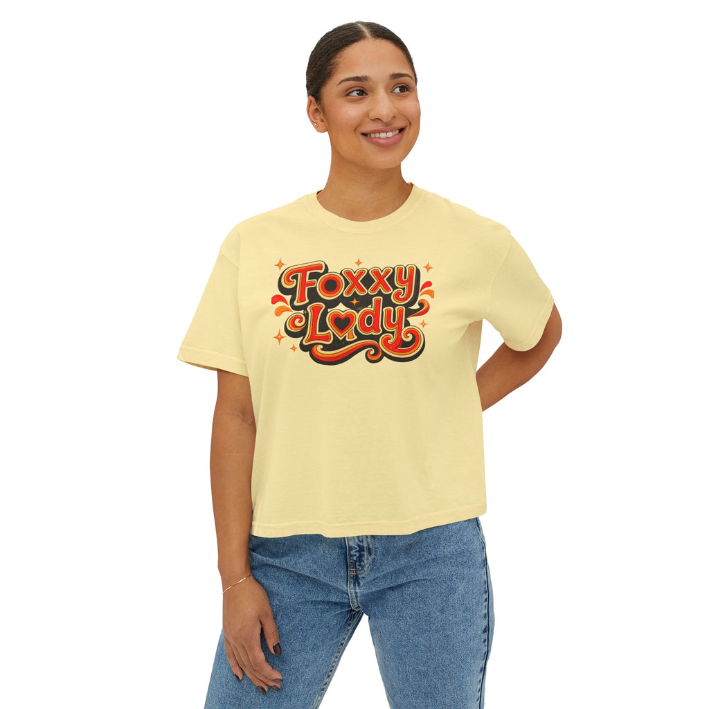 Foxy Lady Boxy Tee — Retro 70s Graphic Women’s Crop T-Shirt