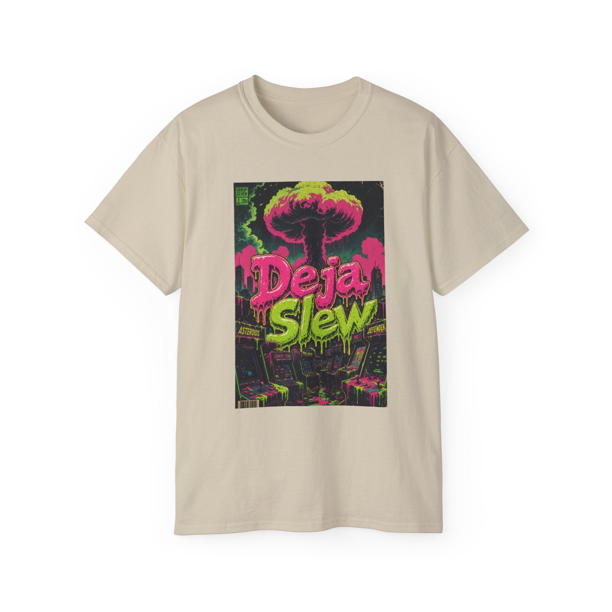 Retro Arcade Mushroom Cloud Tee — Comic-Style Nuclear Explosion Graphic